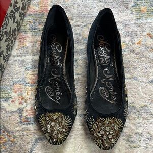 Naughty Monkey Labonge Flats Black Velvet Beaded Embellished Size 6.5 EU 37